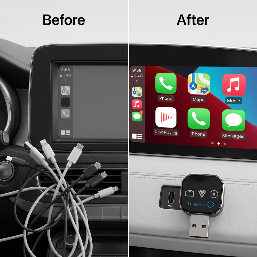 Before: tangled cables. After: wireless CarPlay